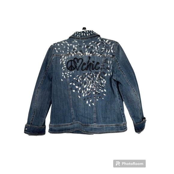Chicos NWT PEACE LOVE CHIC Embroidered‎ Denim Jean Jacket Size 1 - Picture 4 of 12